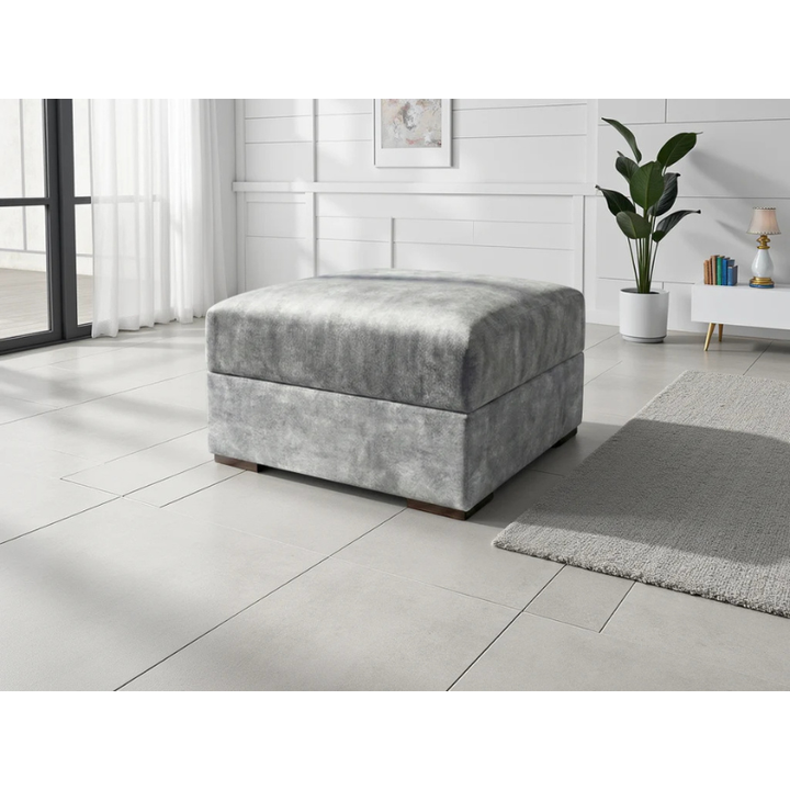 Serena Grey Footstool – Fabric Ottoman with Quilted Design, Metal Trim & Wooden Feet