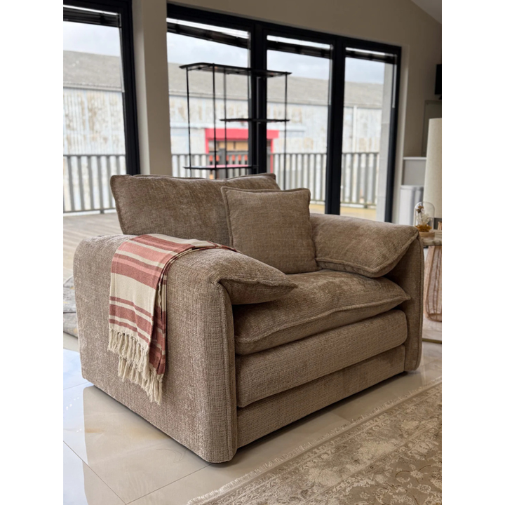 Solaya Beige Armchair – Chenille Fabric Chair with Pocket Coil Seating & Deep Comfort