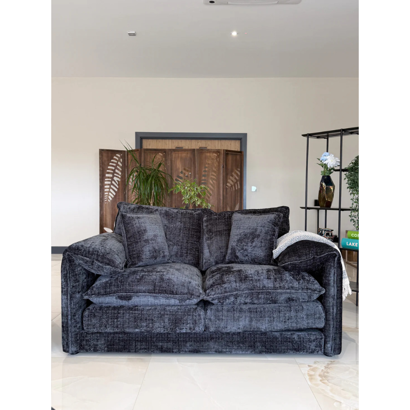 Solaya Black Sofa 2 Seater – Chenille Fabric Couch with Pocket Coil Seating & Deep Comfort