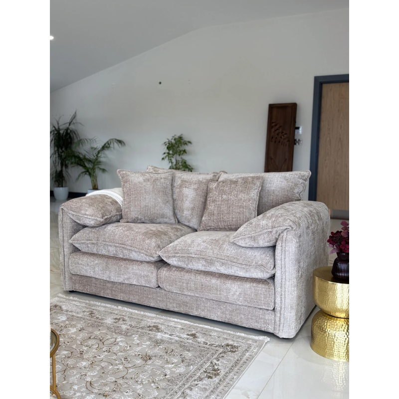 Solaya Beige Sofa 2 Seater – Chenille Fabric Couch with Pocket Coil Seating & Deep Comfort