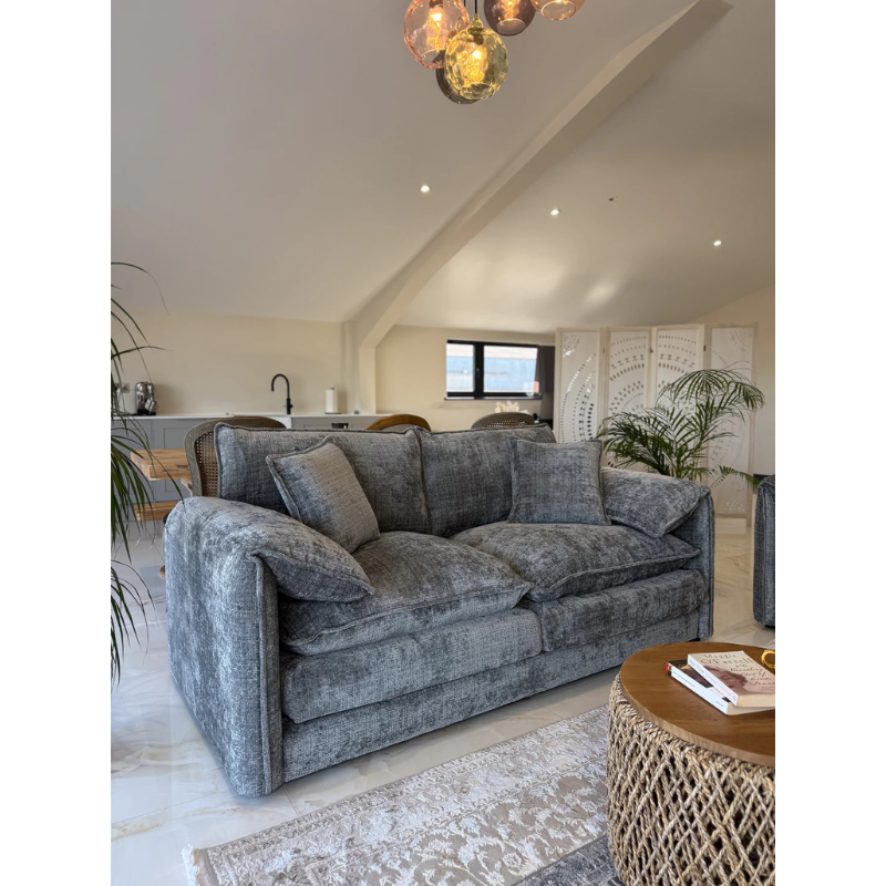 Solaya Grey Sofa 3 Seater – Chenille Fabric Couch with Pocket Coil Seating & Deep Comfort