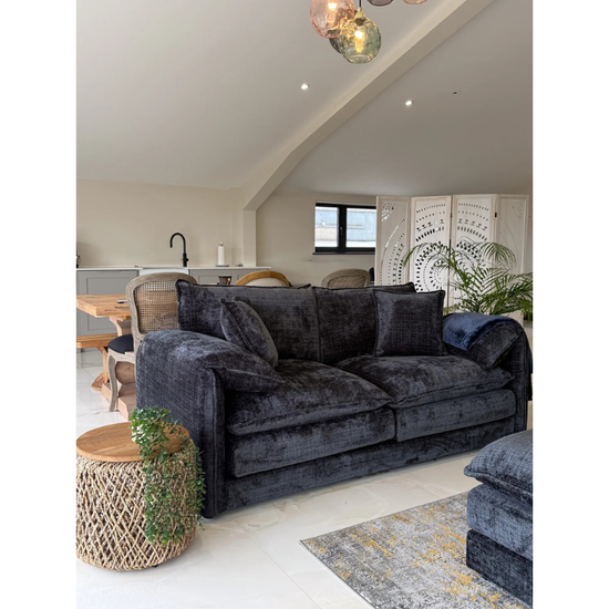Solaya Black Sofa 3 Seater – Chenille Fabric Couch with Pocket Coil Seating & Deep Comfort