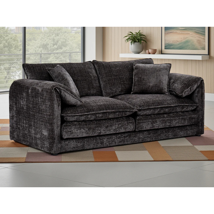 Solaya Black Sofa 3 Seater – Chenille Fabric Couch with Pocket Coil Seating & Deep Comfort