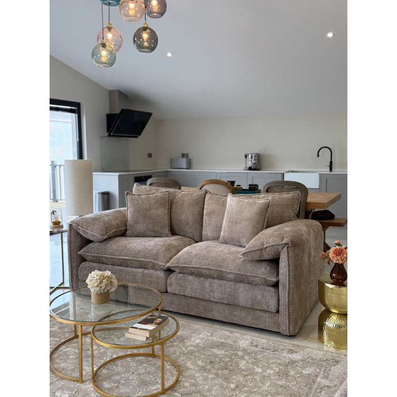 Solaya Beige Sofa 3 Seater – Chenille Fabric Couch with Pocket Coil Seating & Deep Comfort