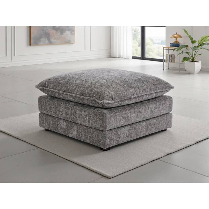 Solaya Grey Footstool – Chenille Fabric Ottoman with Pocket Coil Cushioning & Deep Comfort