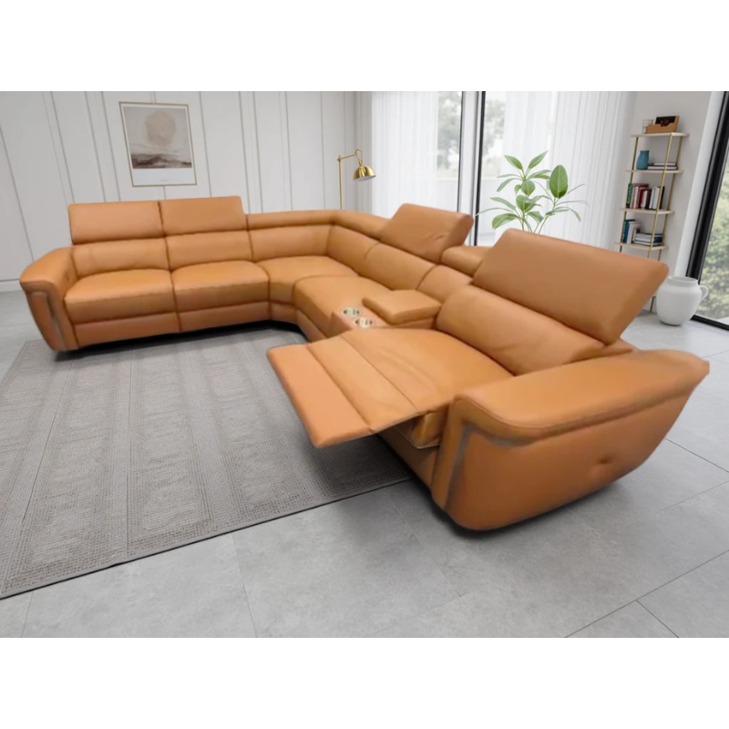 Somerville Tan Electric Recliner Large Corner Sofa – Genuine Leather Corner Couch