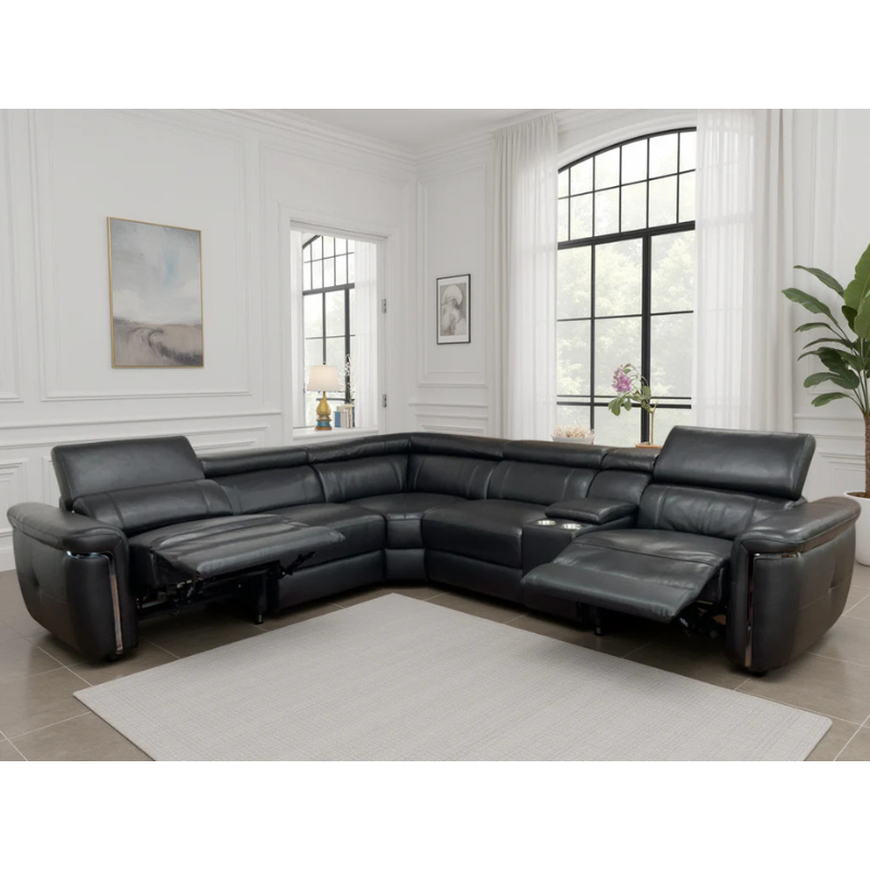 Somerville Black Electric Recliner Large Corner Sofa – Genuine Leather Corner Couch