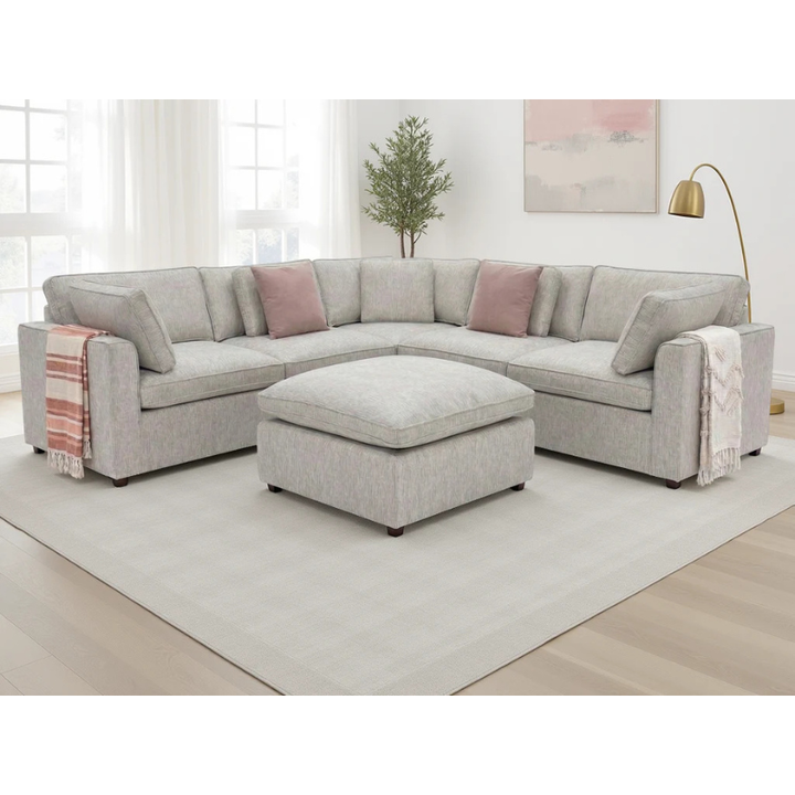 Santorini Grey Large Corner Sofa with Footstool – Linen Weave Fabric Sofa with Feather Cushions