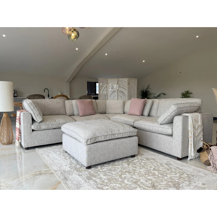 Santorini Grey Large Corner Sofa with Footstool – Linen Weave Fabric Sofa with Feather Cushions
