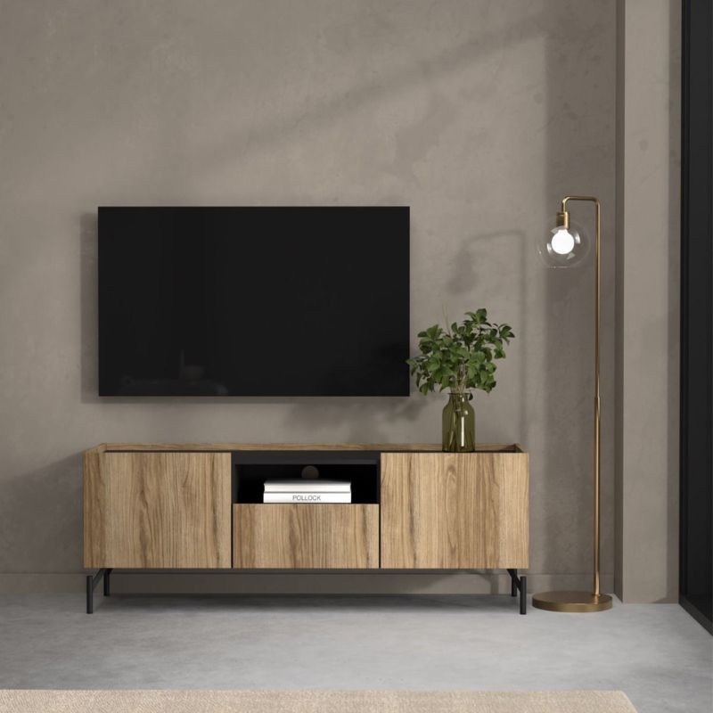 Kendall TV-Unit with 2 Doors + 1 Drawer Oak and Black W 147 x H 54 x D 41.3 cm-FTG-