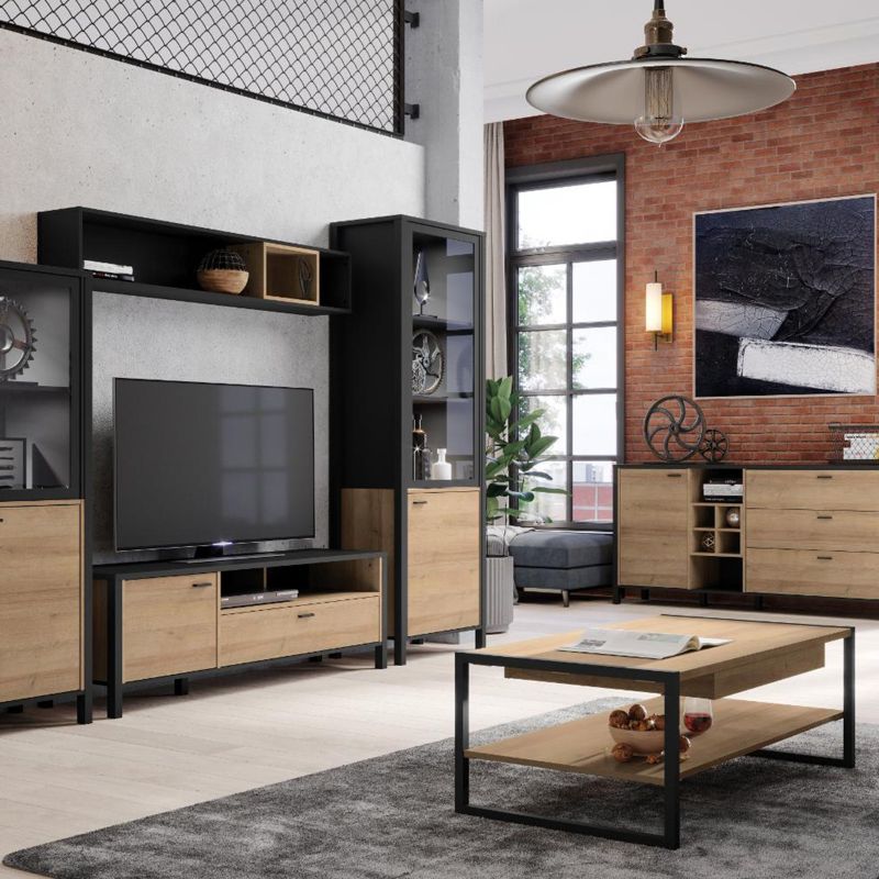 High Rock TV Unit in Matt Black/Riviera Oak W 151.3 x H 49.9 x D 40.2 cm-FTG-